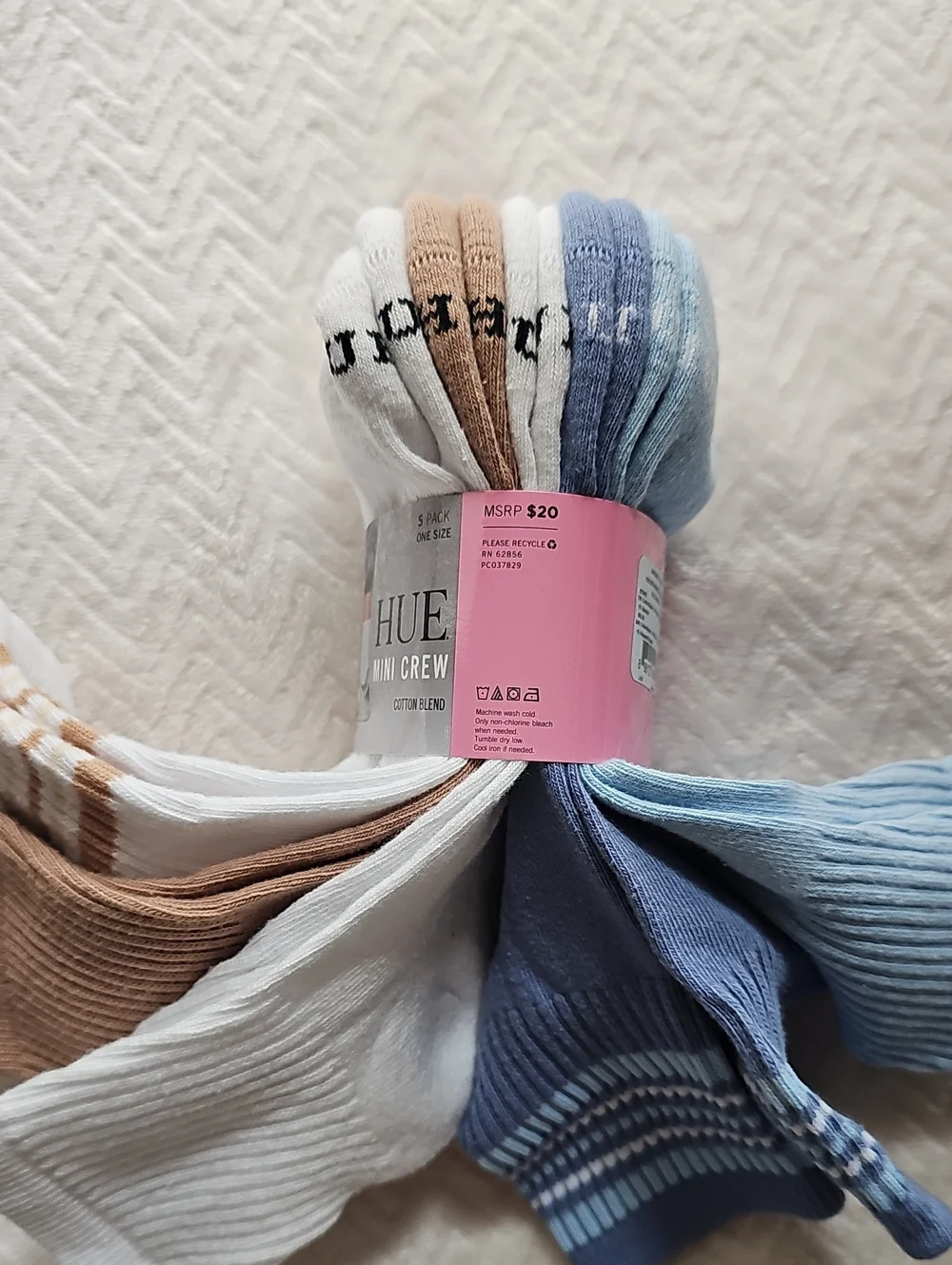 Hue Women's Mini-Crew Sock 5 Pack — Blue, White & Brown 5 Pairs NWT Cotton Nylon
